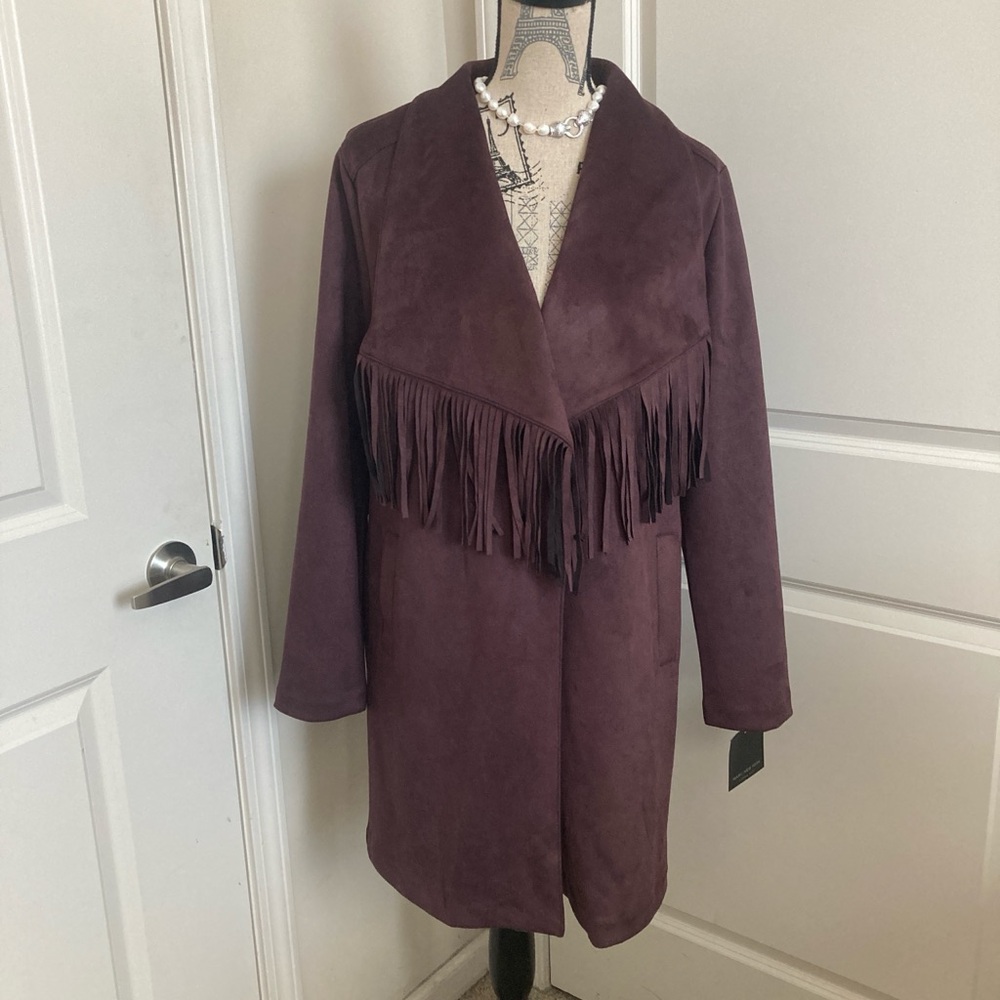 Marc New York Burgundy Faux Suede Jacket Fringe Detail Coat